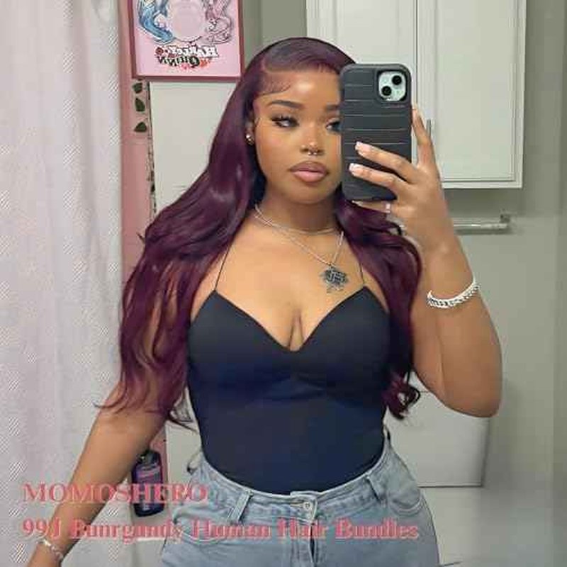 99j Dark Burgundy Body Wave 3 Bundles with 4x4 Closure Human Hair HD Lace Free Part, 12A Soft and Glossy #99j Wine Color 100% Brazilian Virgin Remy Hair Bundles with Closure 14 16 18+14 Inch