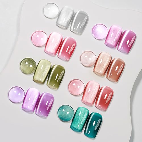 MIZHSE Cat Eye Gel Nail Polish: 8 Colors Ceramic Magnetic Gel Polish Set with Magnet Stick, Crystal Glass Pink Green Blue Spring Colors Smoothie Nail Gel Soak Off UV/LED Nail Art Salon Home Gift