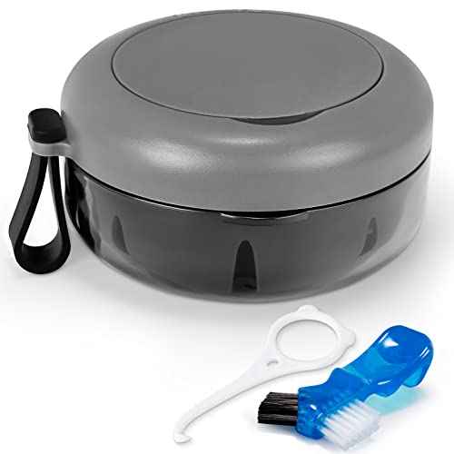 Leak Proof Denture Cup Kit Portable Retainer Case Perfect for Travel, Denture Case Container Cleaning Care for Dentures Aligner Mouth Guard with Denture Brush,Strainer, Removal Tool and Mirror
