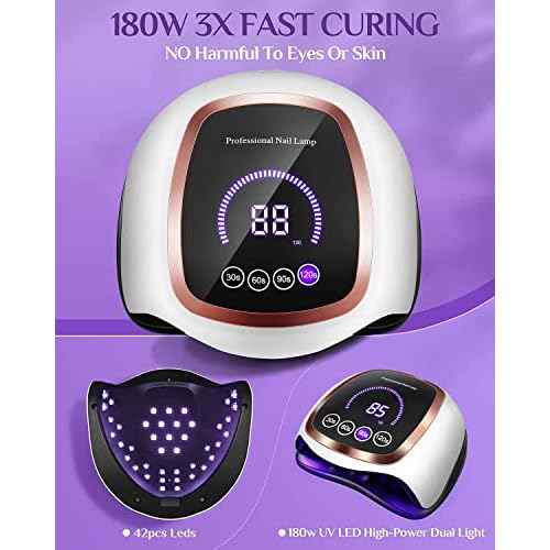 UV LED Nail Lamp, Gugusure Upgrade 180W Nail Dryer for Gel Polish with LCD Display, Auto Sensor and 4 Timer Settings, Professional Curing Lamp Light with 42 Beads for Salon and Home