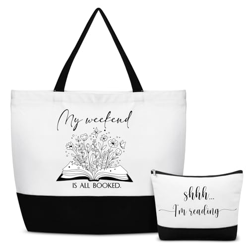 Buryeah 2 Pcs Book Lovers Gifts for Women Reusable Tote Bag Makeup Bag with Metal Zipper Book Club Gifts for Bookish Teacher Librarian Library Readers
