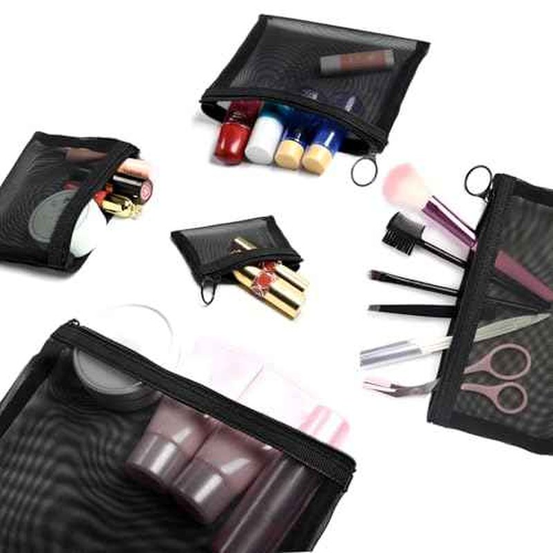 patu Zipper Mesh Bags, Pack of 5 (XS/S/M/L & Long Pouch), Beauty Makeup Cosmetic Accessories Organizer, Travel Toiletry Kit Set Storage Case, Black