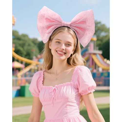 Big Pink Bow Headband - Cute Glitter Bows Headpiece for Women Girls, Fashion Bowknot Hair Accessories for Birthday Halloween Christmas Cosplay Party Costume Derss Up
