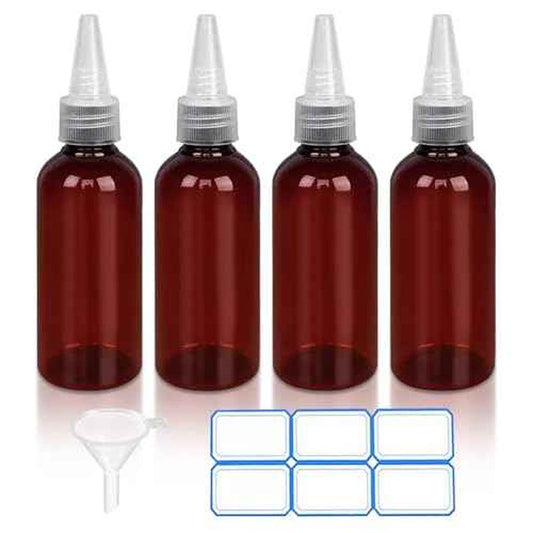 4 Pack 1 Oz (30ml) Amber Plastic Essential Oil Bottles with Funnel, Labels for Liquid Storage - No Droppers Needed