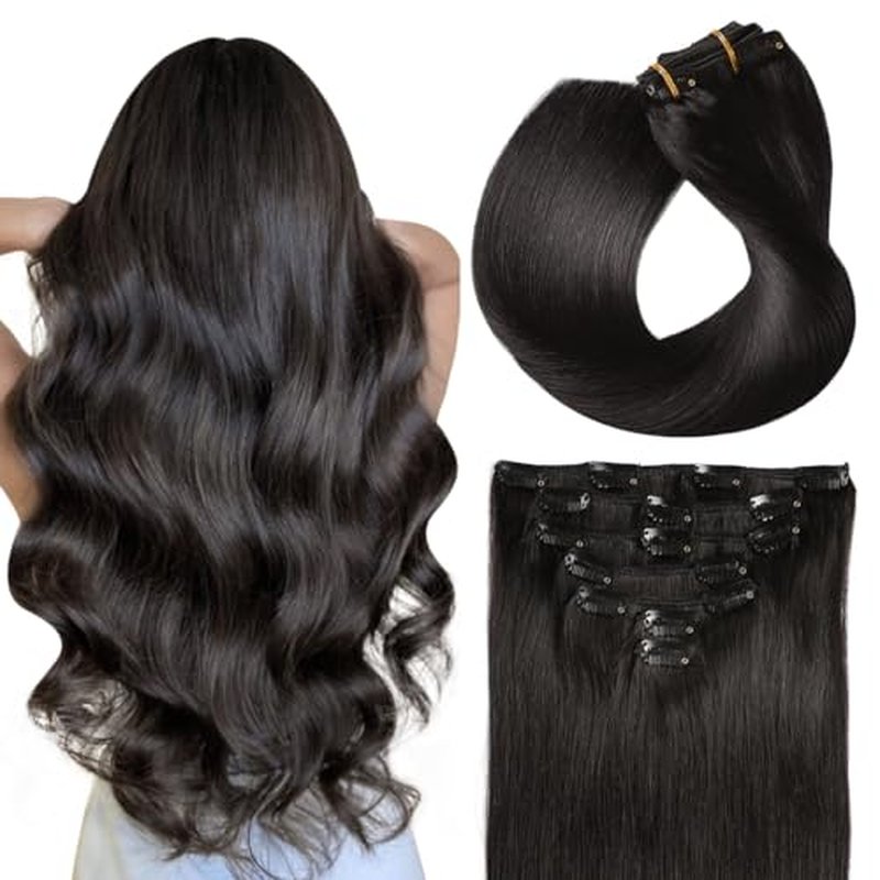 SUYYA Real Human Hair Clip in Extensions - 7 Pcs Straight Remy Hair Clip ins for Women - Double Weft 18 Inch #1B Off Black 80G