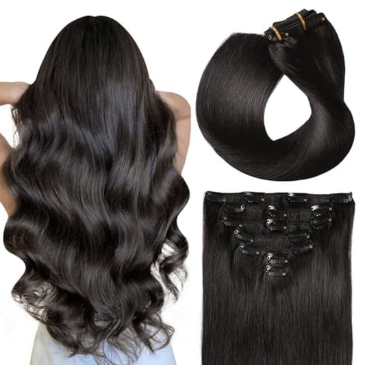 SUYYA Real Human Hair Clip in Extensions - 7 Pcs Straight Remy Hair Clip ins for Women - Double Weft 18 Inch #1B Off Black 80G