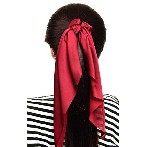 Pack of 2 Knotted Bow Hair Scrunchies Elastic Hair Scarf Hair Ties Bands Satin Hair Ribbon Scrunchy Red Ponytail Holder for Women and Girls, Hair Scarf Scrunchies, Hair Accessories (Burgundy)