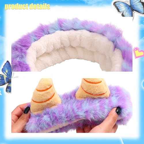 Face Wash Headband,Shaggy Monsters Headband with Horn Makeup Elastic Hairband Skincare Headbands for Women Cartoon Hair Accessories (Blue and Purple, Normal)