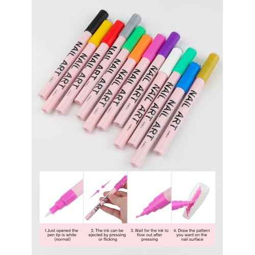 EBANKU 12 Colors Nail Art Pens Set, 3D 0.7MM Nail Polish Pens Quick-Drying Nail Art Acrylic Paint Nail Point Dotting Liner Pen Tools for Home & Salon Nail DIY