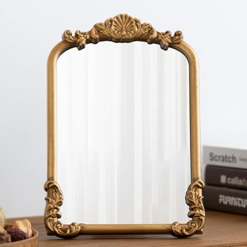 Vintage Vanity Small Gold Mirror Antique Makeup Desk Mirror with Stand Arched Table Mirror for Living Room Tabletop Countertop Bedroom Bathroom 8.5x12