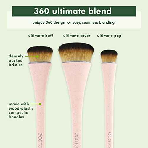 EcoTools 360 Ultimate Blend Makeup Brush Kit, For Cream, Liquid, & Powder Foundation, Blush, & Bronzer, Buff & Blend Makeup, Full Coverage, Dense Bristles, Vegan & Cruelty-Free, 3 Piece Set