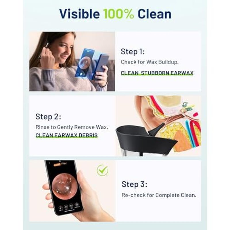 Ear Wax Removal - One-Hand Manual Ear Cleaner with Camera, 7 PCS Ear Spoons, Safe Ear Irrigation Kit for Adults (Black)