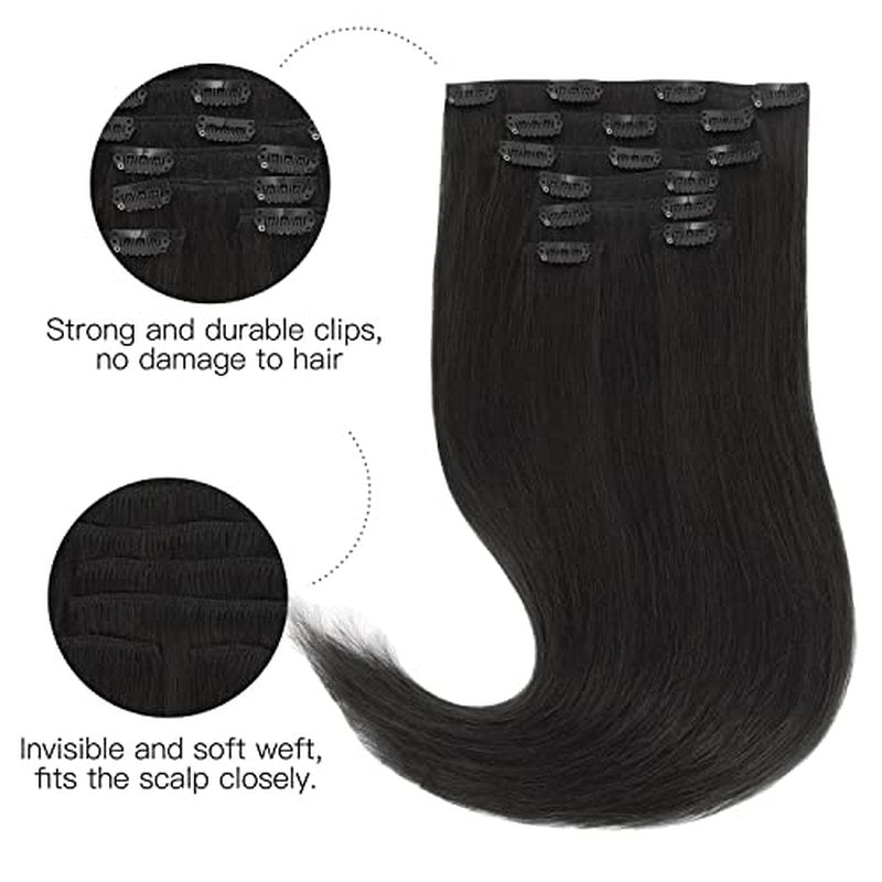HOTBANANA Human Hair Clip in Hair Extensions, Natural Black 120g Clip in Hair Extensions Real Human Hair Straight Remy Hair 20 Inch 7pcs