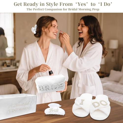 Bridal Shower Gifts, Bride To Be Gift Set, Wedding Gifts for Bride, Bachelorette Gifts for Bride, Engagement Gift for Her, Bachelor Party Christmas Gifts, Makeup Bag, I DO Slippers, Hair Clip