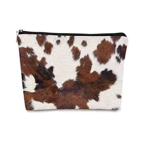 Western Cow Print Small Makeup Bag,Cowhide Pattern Cosmetic Bag Best Gift Idea for Cow Lovers Teen Girls Women, Western Accessories Birthday Christmas Day Gifts for Cow Mom Teen Girl Daughter Sister