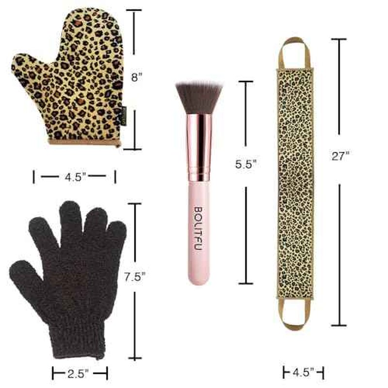 4 Pack Self Tanning Mitt Applicator Kit, with Self Tanner Mitt, Self Tan Back Applicator, Exfoliating Glove, Flat Top Face Tanner Brush, Tan mit for Self Sunless Tanner (leopard)