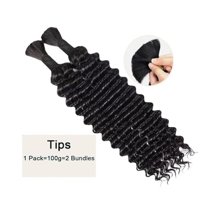 20 Inch Human Braiding Hair for Boho Braids Human Hair 100g 2 Bundles Deep Wave Bulk Human Hair for Braiding No Weft Curly Braiding Hair Bulk Hair Extensions Real Human Hair Natural Color