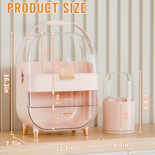 Yieach Countertop Makeup Organizer for Vanity,Large Capacity Skincare Organizers With Drawers and Makeup Brush Holder,Cosmetic Display Cases with Clear Cover for Bathroom,Dresser,Beauty Product,Pink