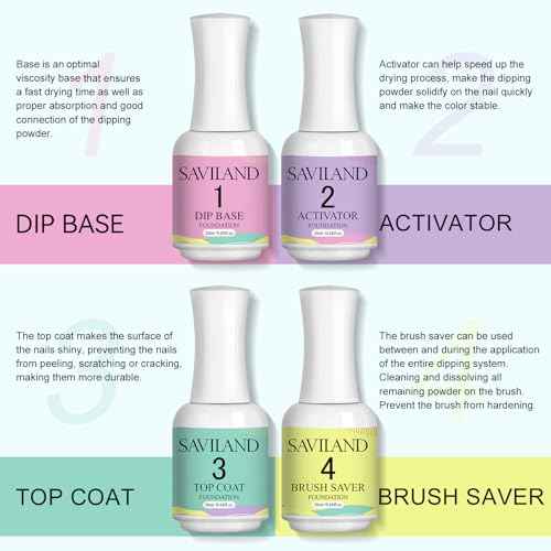 SAVILAND Dip Powder Liquid Set: 20 ml Ultimate Nail Dip System Essentials Liquid Large Capacity Dipping Base Activator Top Coat Brush Saver No Curing Needed for DIY Home Manicure