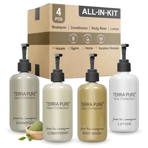 Terra Pure Spa Collection Amenities Set,10.14oz. Pumps (1 of Each) Shampoo, Conditioner, Hand/Body Wash, and Lotion