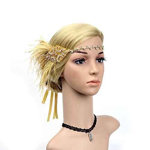 STIOEDYUAN 1920s Flapper Headbands Accessory for Women Roaring 20s Gatsby Vintage Rhinestone Beaded Leaf Feather Headpiece