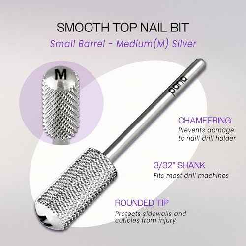 PANA 3/32" Small Smooth Round Top Safety Carbide Nail Drill Bit for Gel Polish & Acrylic Removal Nail Salon Manicure Pedicure Electric File Tools (Small Barrel - Silver, Medium)