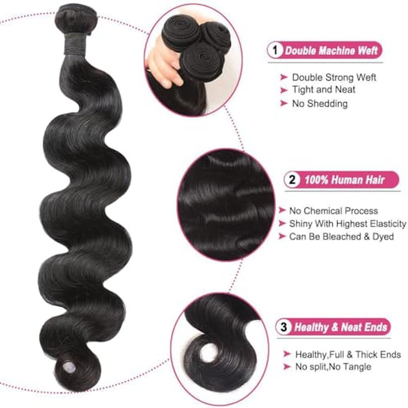 CHEEON Body Wave Bundles Human Hair 16 18 20 Inch Human Hair Bundles 12A Grade Unprocessed Brazilian Virgin Hair Extensions 3 Bundles Deal Natural Black