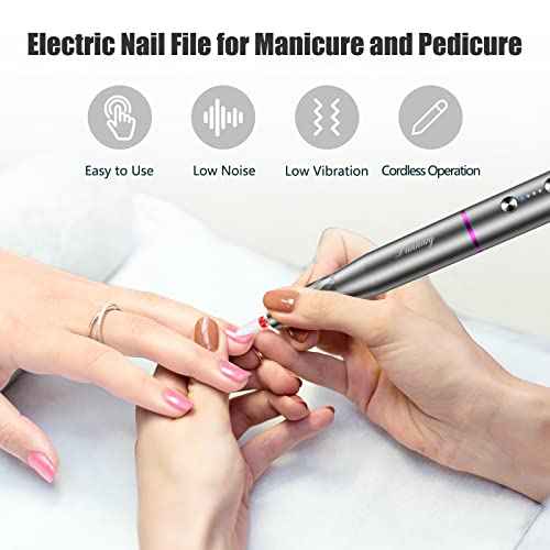 Electric Nail Drill Machine Professional, Rechargeable Cordless Nail File with Bits Kit for Acrylic Gel Dip Nails, Efile Manicure and Pedicure Kit for Home Salon Grinding Polishing Removing, Gray