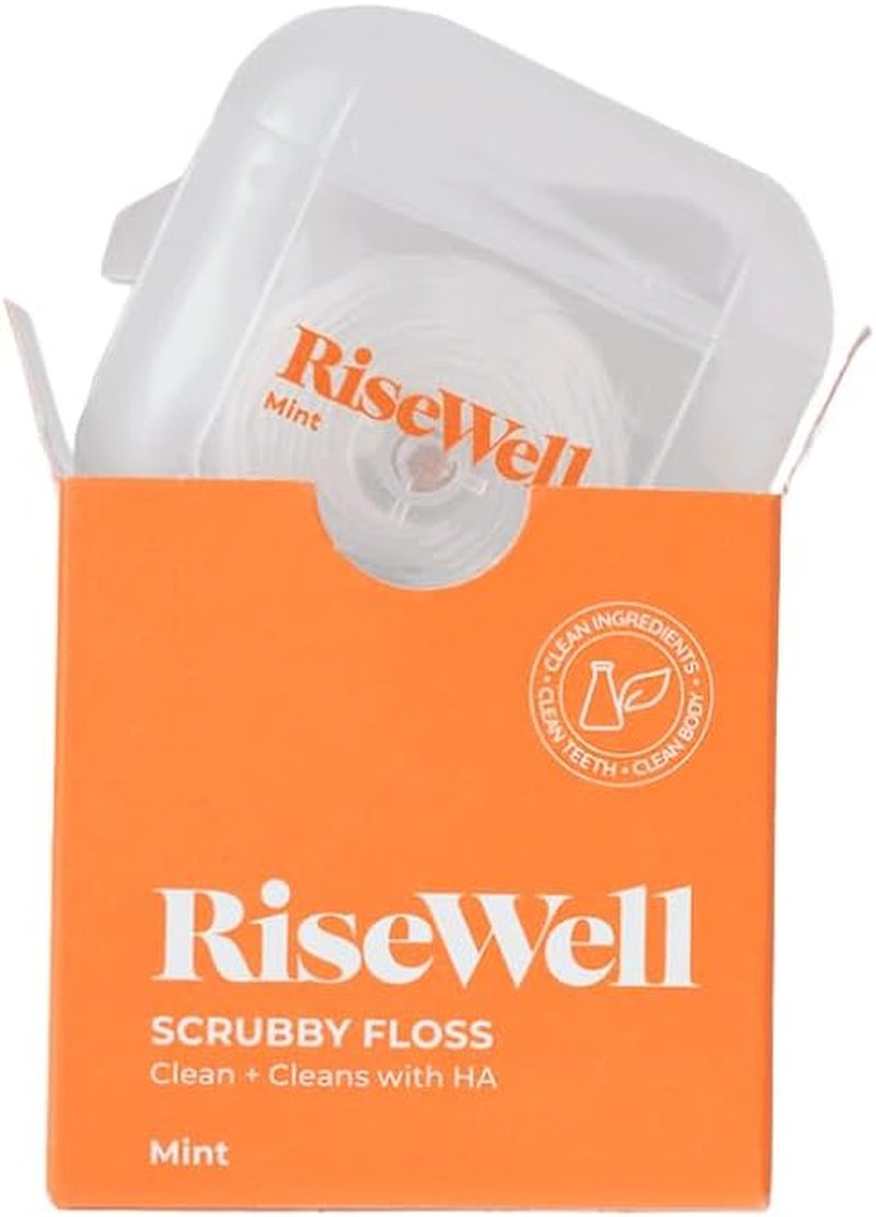 RiseWell Scrubby Tooth Floss - Natural PFAS-Free Dental Floss with Hydroxyapatite & Xylitol | Vegan Mint Waxed, 30 Yards