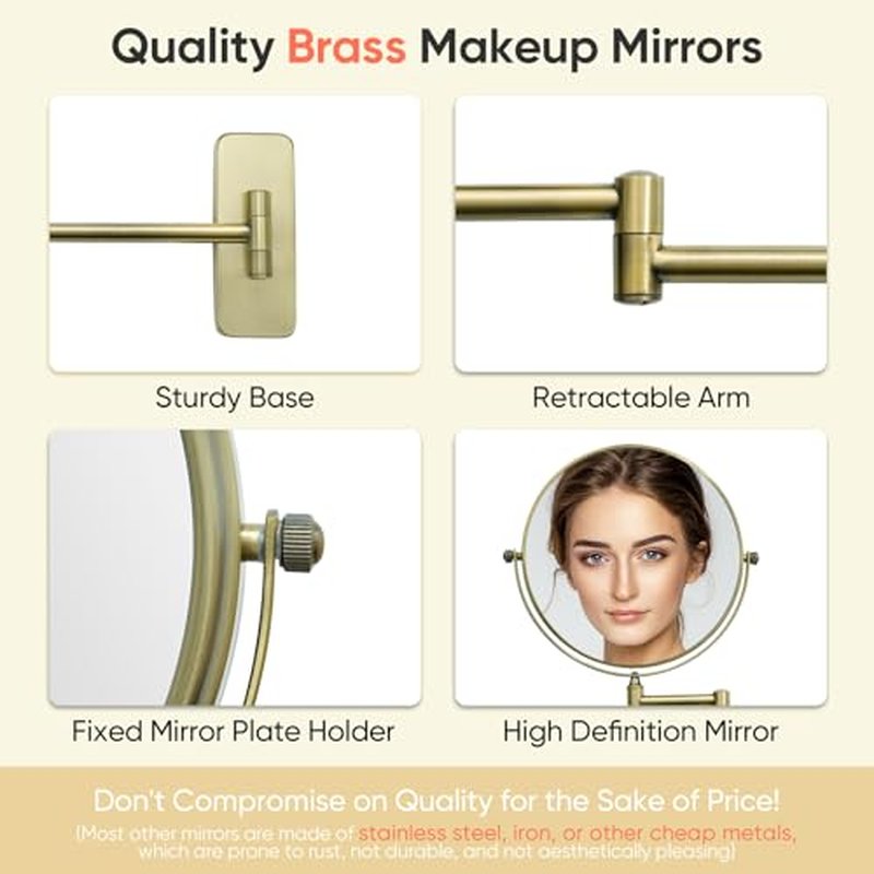 GURUN 8-Inch Double-Sided Wall Mount Makeup Mirrors with 10x Magnification Bathroom Mirror for Hotel Antique Satin Brass Finished M1406K(8in,10X)