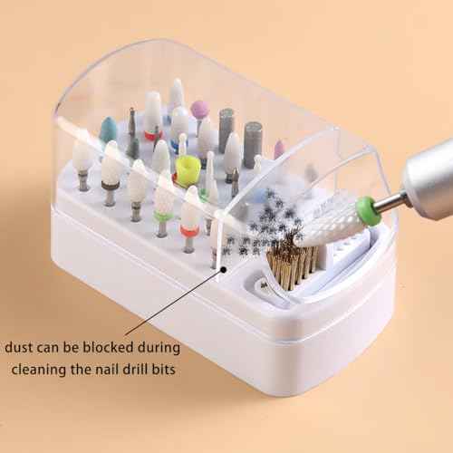 2 in 1 Nail Drill Bit Holder and Nail Drill Bits Cleaner Brush Case, 30 Holes Nail Drill Bits Organizer Display Stand Container Box, Manicure Drill Cleaning Brush, Professional Nail Tools