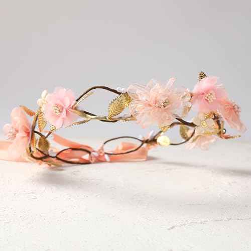 Pink Flower Crown Headband - Floral Headband for Women Floral Girl Headpiece Fairy Flower Renaissance Hair Accessory for Girls Women Birthday Wedding Party Photo Props