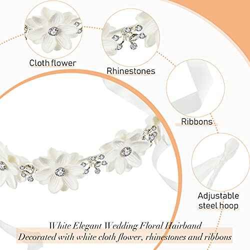 Syhood 2 Pieces Girl Elegant Headband Flower Headpiece White Flower Headband with Ribbon and Rhinestones Cute Bridal Wedding headband for Girl Party Hair Accessories