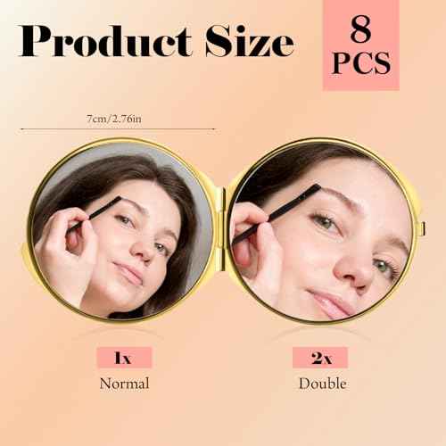 8 Pcs Compact Mirror for Purse, Portable Folding Compact Mirror, Double-Sided 1X/2X Magnifying, Metal Round Shell, Mini Travel Makeup Mirror for Women Bridesmaid Gifts (Gold)