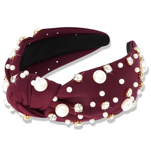 Pearl Knotted Rhinestone Wide Top Knot Beaded Jeweled Headbands for Women's Hair - Crystal Embellished for Christmas Holiday Gifts