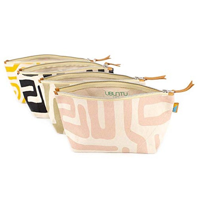 Ubuntu Life Kuba Pouch ? Makeup & Toiletry Bag for Women Made with Natural Cotton Canvas, Stylish Cosmetic Bag with Kuba African Print (Black & Eggshell, Large)