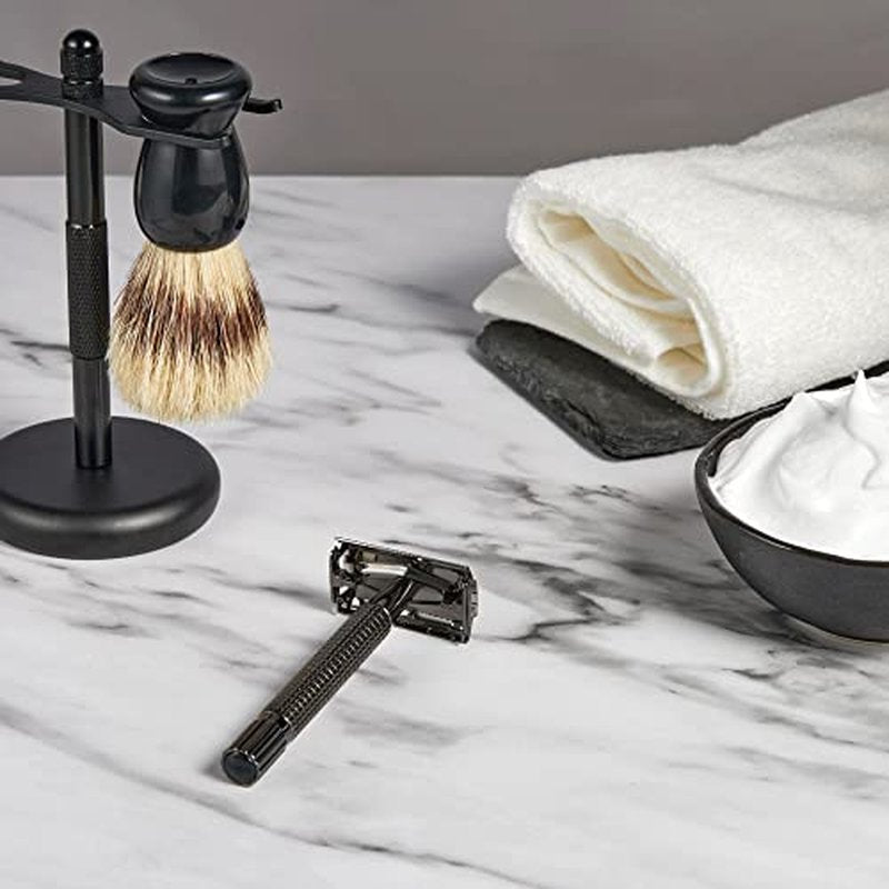 Deluxe Men¡¯s Wet shaving Kit, All Black Set, Lengthen Version Double Edge Safety Razor, Large Stand, Shaving Brush, Ceramic Shaving Bowl and 10 Extra Blades