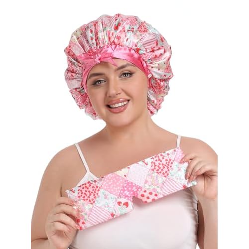 Double Layer Satin Hair Bonnet with Eye Mask Silk Sleep Cap with Tie Head Wrap for Curly Natural Hair Pink Strawberry