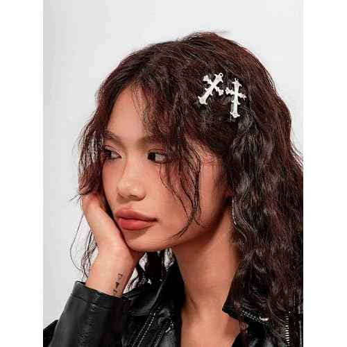 HAQUIL 4PCS Cross Hairpins, Goth Gothic Hairclips, Punk Hair Clips, Hair Barrettes, Jewelry Charm Accessories for Women and Girls