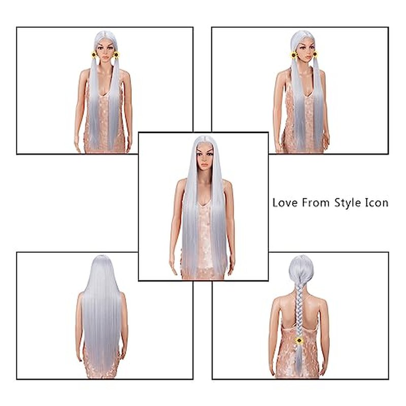 Style Icon 38" Silver Grey Wig Super Long Straight Wigs 6" Deeper Middle Part Lace Lace Front Wigs Silver Grey Long Straight Wig (38", THISTLE)