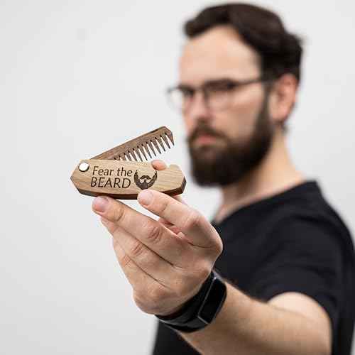Beard Comb Gifts for Him Wooden Comb for Men Folding Pocket for Moustache Hair Walnut Combs Husband with the Engraving (Fear The Beard)