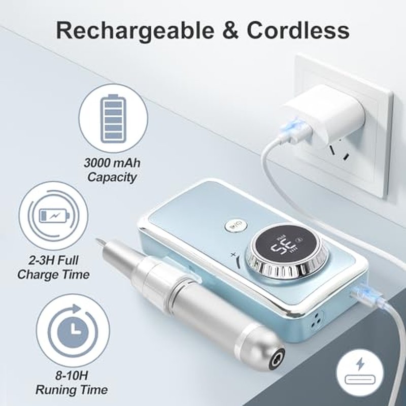 Rechargeable Nail Drill Macine, 35000RPM Professional Electric Efile Nail Drill with LCD Display for Acrylic Nails Remove, Portable Manicure Pedicure Polishing Tools with everything for Salon Home Use