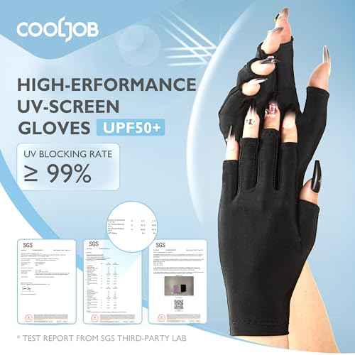 COOLJOB Anti-UV Gloves for Nail Lamp, Professional UPF50+ UV Protection Glove for Manicures, Art Skin Care Fingerless, Women Men Protect Hands from Sun and Nail Dryer Harm, Black, 1 Pair