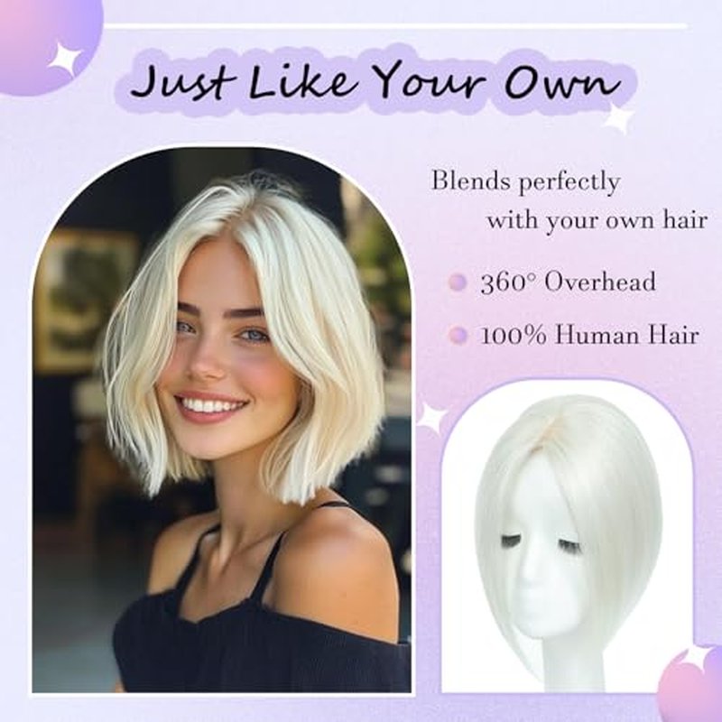 Hair Toppers for Women Real Human Hair£¬ 360¡Æ 3D Cover Hair Topper Clip in Bangs 10 Inch Realistic Scalp Pieces for Women with Thinning Crown (Silver White, Side Bangs)