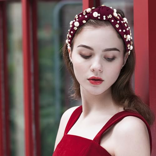 Pearl Knotted Rhinestone Wide Top Knot Beaded Jeweled Headbands for Women's Hair - Crystal Embellished for Christmas Holiday Gifts