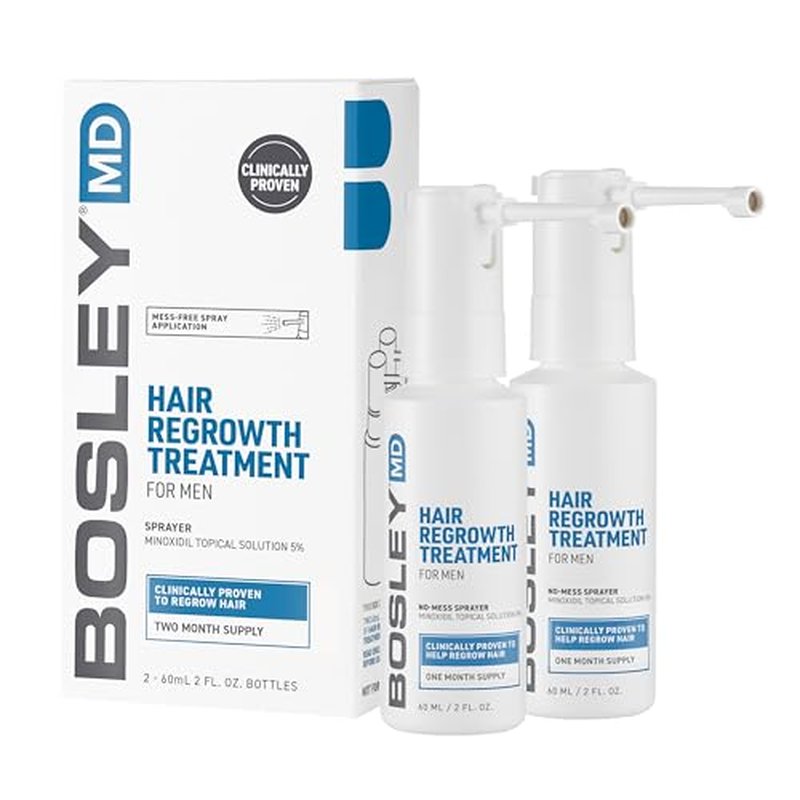 BosleyMD Minoxidil Spray, Extra Strength Thinning Treatment/Hairspray for Hair Loss and Hair Regrowth for Men and Women, Topical Solution, No Mess Sprayer, 2-Pack, 2-month Supply