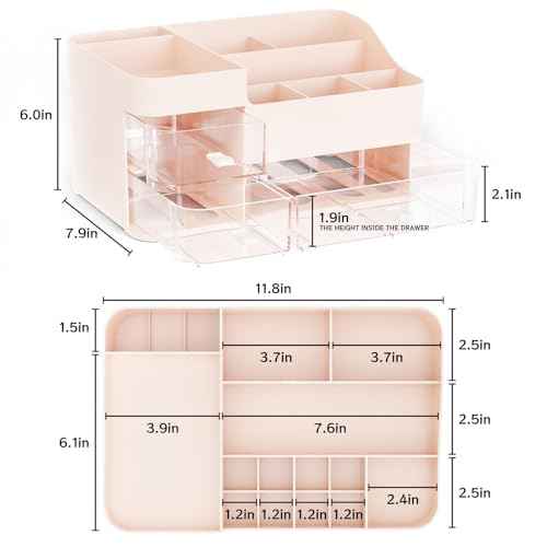 SuoXing Pink Makeup Organizer for Vanity,Large Plastic Skincare Organizers With Drawers,Bathroom Counter Organizer Cosmetic Storage for Dresser Top Skin Care,Lotion,Beauty Products and Brush Holder