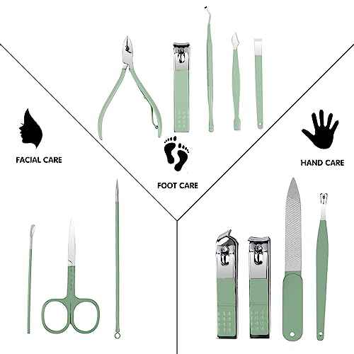 Nail Kit, Manicure Kit, Nail Care Kit For Women, Manicure Pedicure Set, Nail Clippers Toenail Clippers Kit, Professional Manicure Kit Pedicure Kit, Green Travel Case, Set of 12.