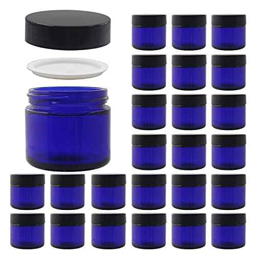 24 Pack 2 oz Round Blue Glass Cosmetic Jars with Inner Liners and Black Lids, Travel Jars, Refillable Containers for Makeup, Cream, Lotion, Sugar Scrubs, Eye Shadow, Slime, Paint, Jewelry