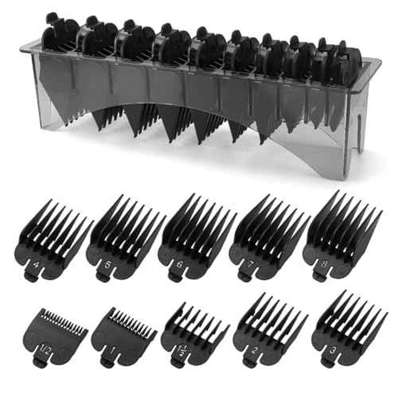 Clipper Guards Set Compatible with Most Wahl Clippers with Holder, Clipper Guides Replacement - 1/16" to 1", 10 Piece Set, Black Color